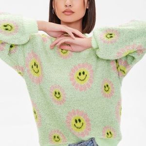 Fuzzy Floral Happy Face Sweater